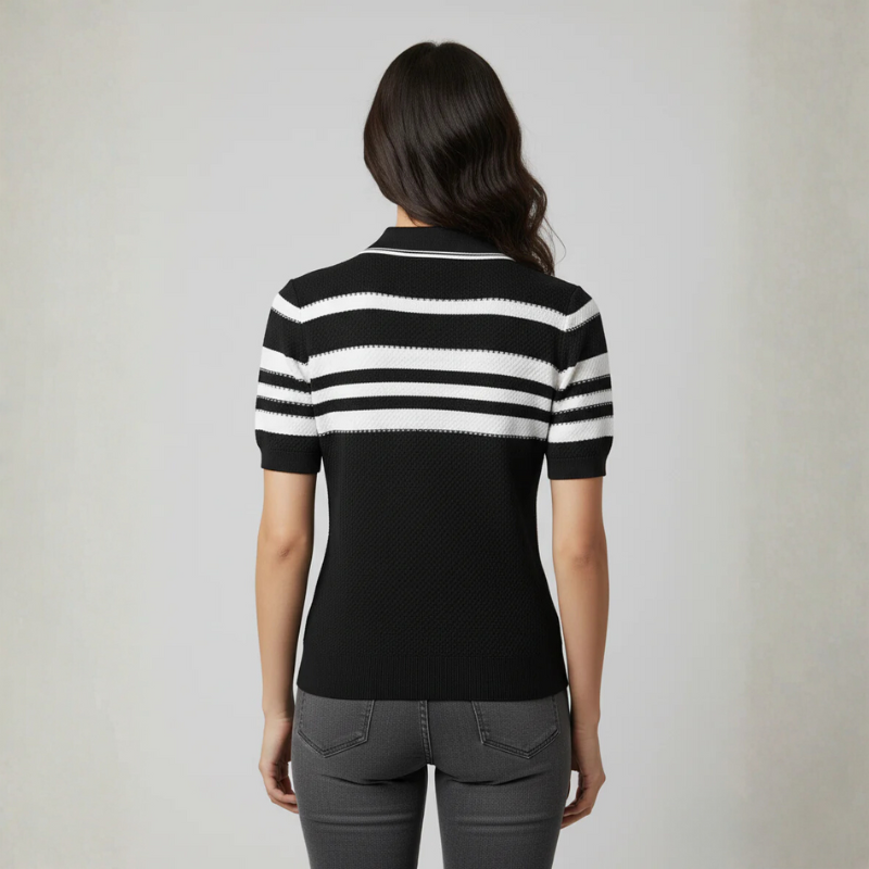 Women's Black & White Striped Polo Top