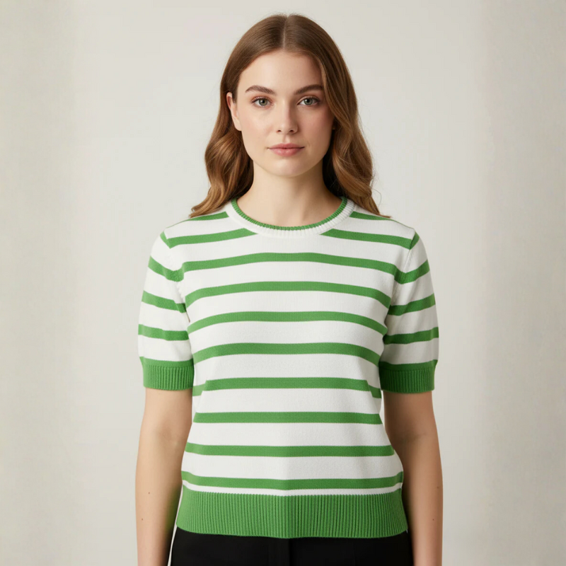 Women's Green/White Horizontal Striped Top