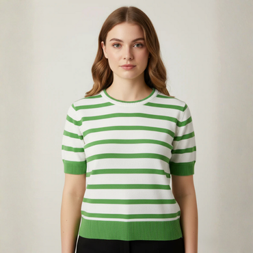 Women's Green/White Horizontal Striped Top - 1