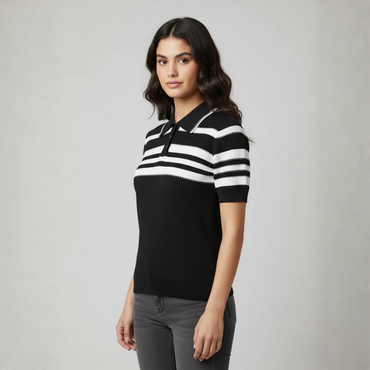 Women's Black & White Striped Polo Top - 2