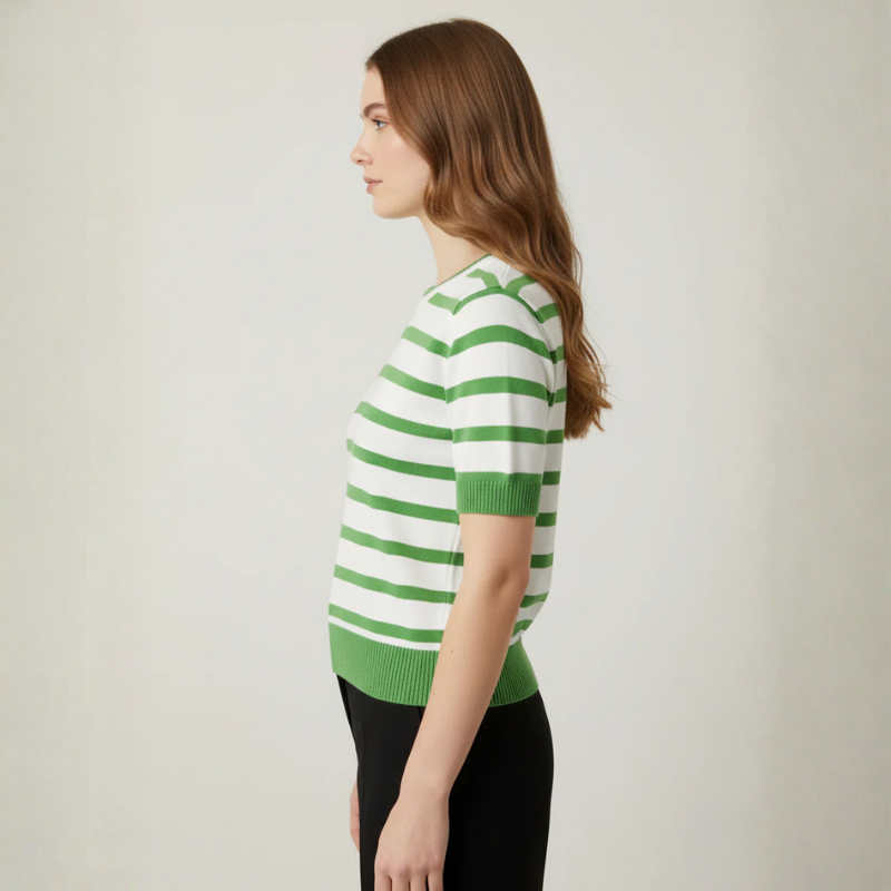 Women's Green/White Horizontal Striped Top