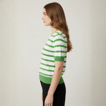 Women's Green/White Horizontal Striped Top - 2