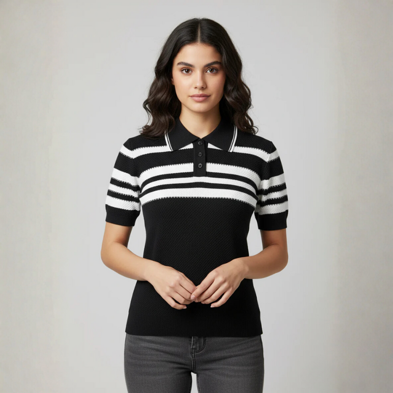 Women's Black & White Striped Polo Top