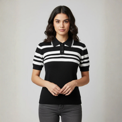 Women's Black & White Striped Polo Top