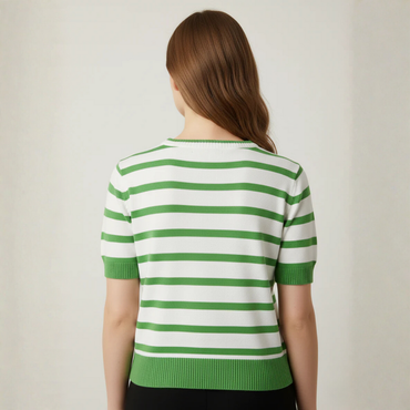 Women's Green/White Horizontal Striped Top - 3