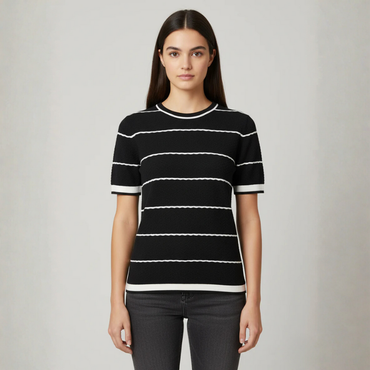 Black & White Monochrome Crew Neck Top - 1