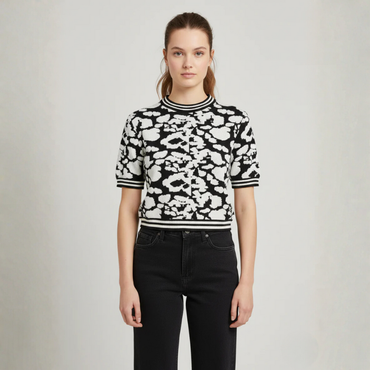 Women's Black & White Abstract Jacquard Knit Top - 1