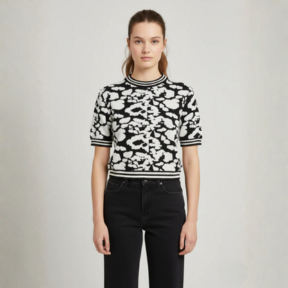 Women's Black & White Abstract Jacquard Knit Top