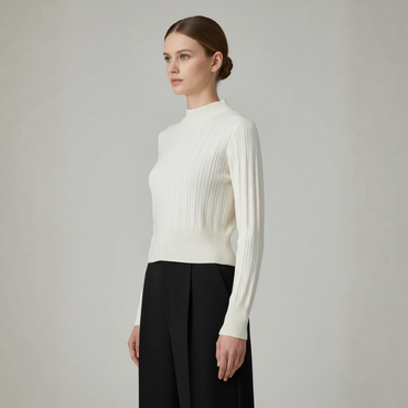 Women's White Ribbed High Neck Full Sleeve Top - 1