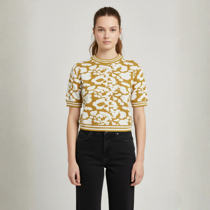 Women's Mustard & White Abstract Jacquard Knit Top