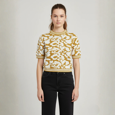 Women's Mustard & White Abstract Jacquard Knit Top - 1
