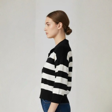 Women's Black and White Striped Sweater - 2