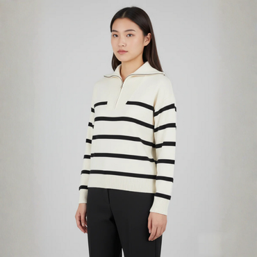 Women's Black & Cream Knitted Half-Zip Pullover Jumper - 1