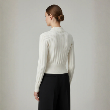 Women's White Ribbed High Neck Full Sleeve Top - 2