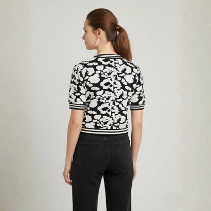 Women's Black & White Abstract Jacquard Knit Top