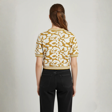 Women's Mustard & White Abstract Jacquard Knit Top - 3