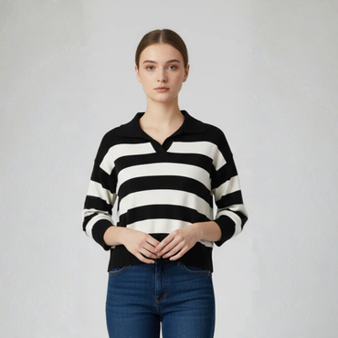 Women's Black and White Striped Sweater - 1