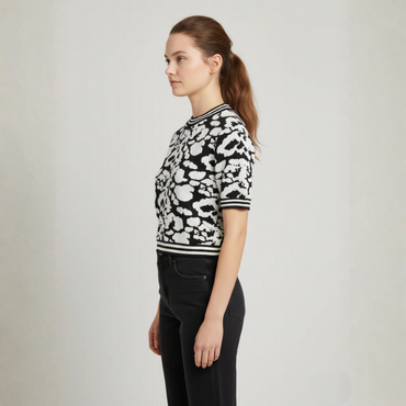 Women's Black & White Abstract Jacquard Knit Top - 2