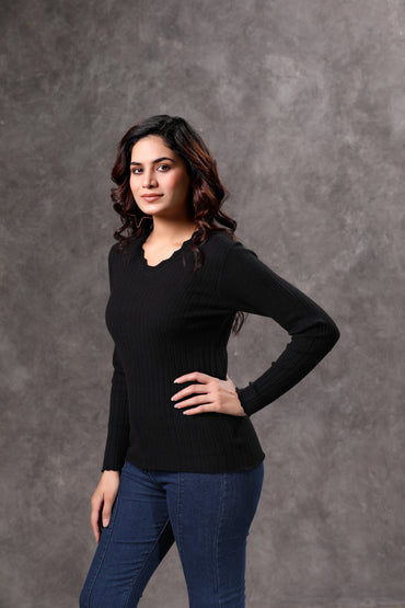 Women's Black V-Neck Full Sleeve Top - 2