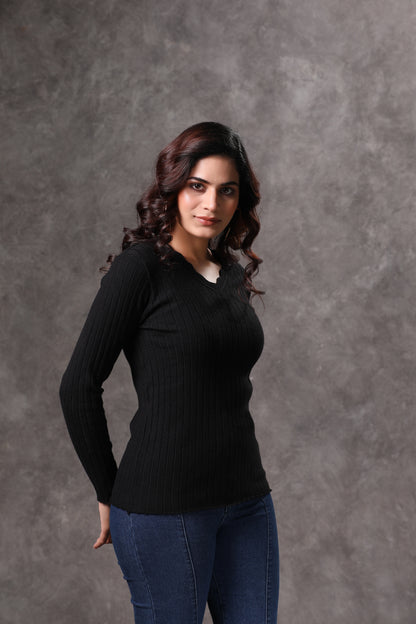 Women's Black V-Neck Full Sleeve Top