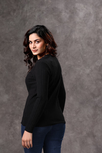 Women's Black V-Neck Full Sleeve Top