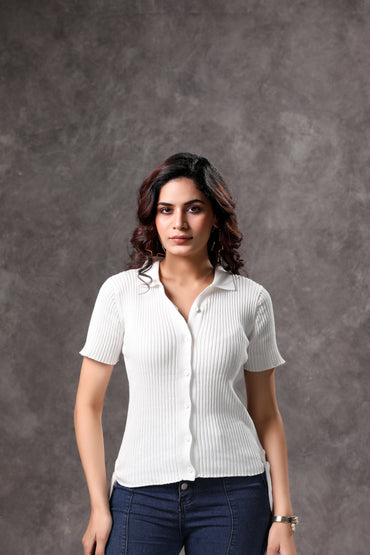 Women's White Ribbed Short Sleeve Shirt - 1