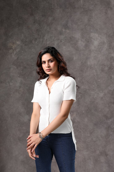 Women's White Ribbed Short Sleeve Shirt - 2