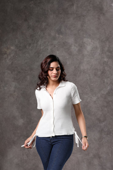 Women's White Ribbed Short Sleeve Shirt - 3