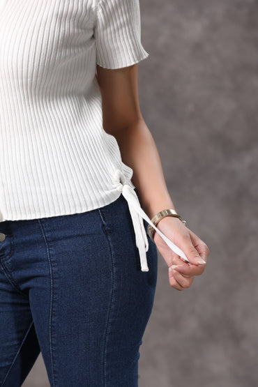 Women's White Ribbed Short Sleeve Shirt - 5