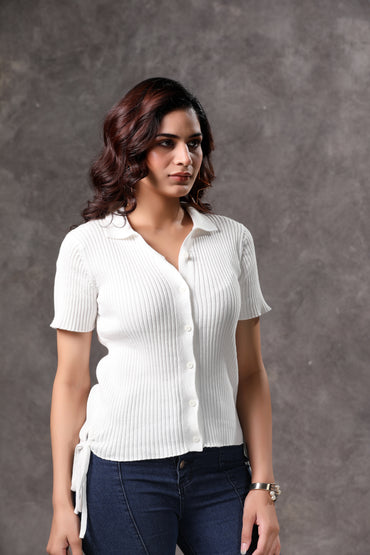 Women's White Ribbed Short Sleeve Shirt - 6