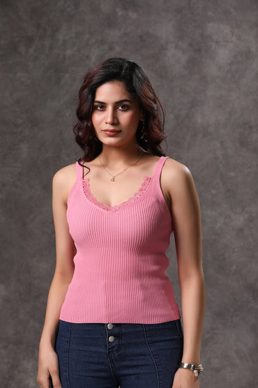 Women's Pink Tank Top with Lace - 1