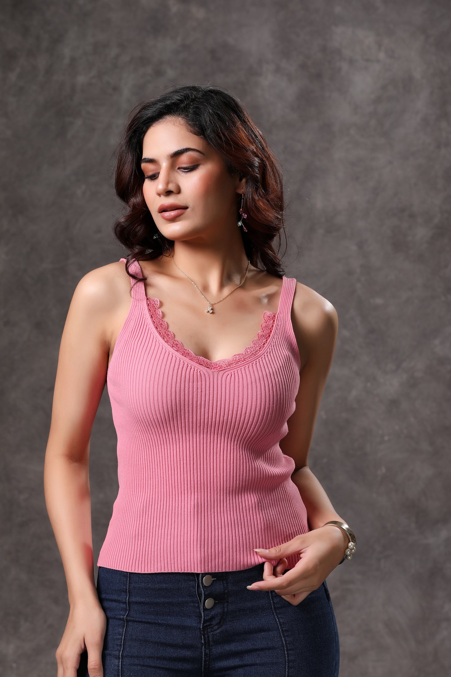Women's Pink Tank Top with Lace