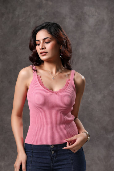 Women's Pink Tank Top with Lace - 2
