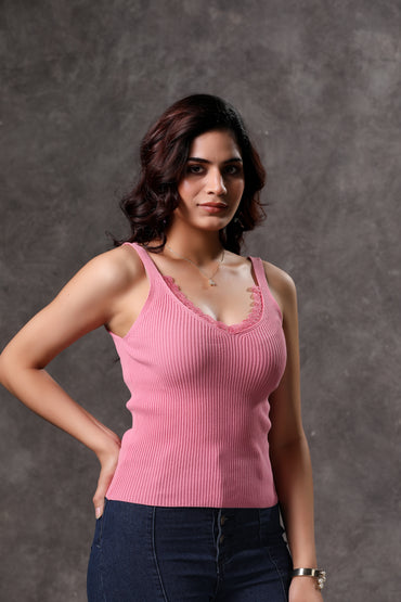 Women's Pink Tank Top with Lace - 4