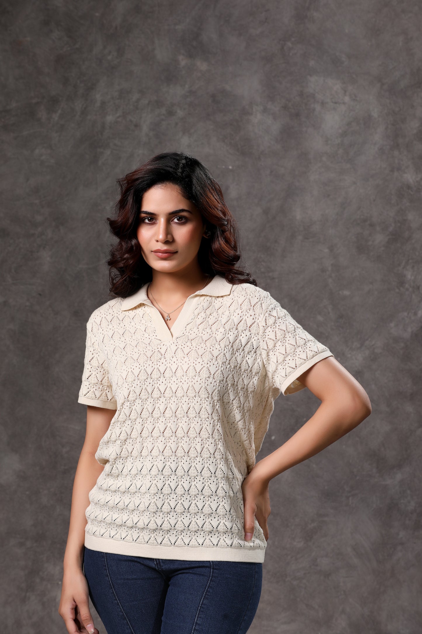 Women's Cream Johnny Collar Short Sleeve Top