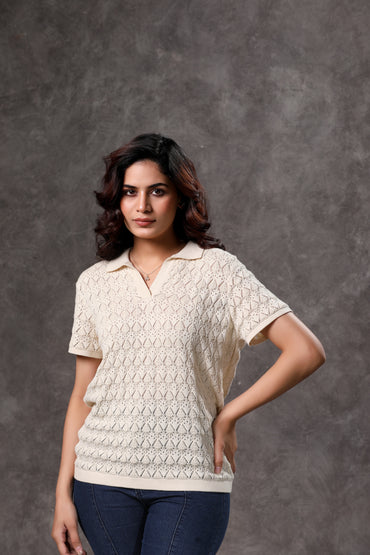 Women's Cream Johnny Collar Short Sleeve Top - 1