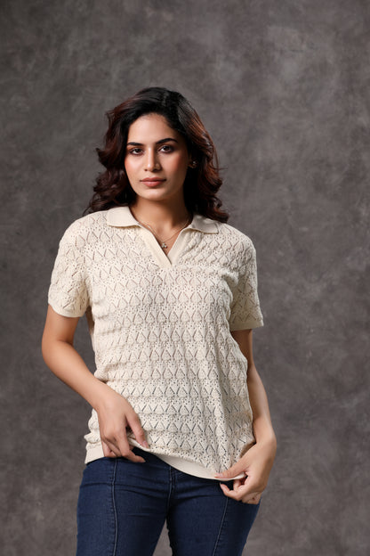 Women's Cream Johnny Collar Short Sleeve Top