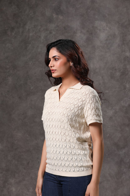 Women's Cream Johnny Collar Short Sleeve Top