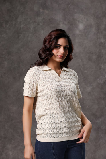 Women's Cream Johnny Collar Short Sleeve Top - 4