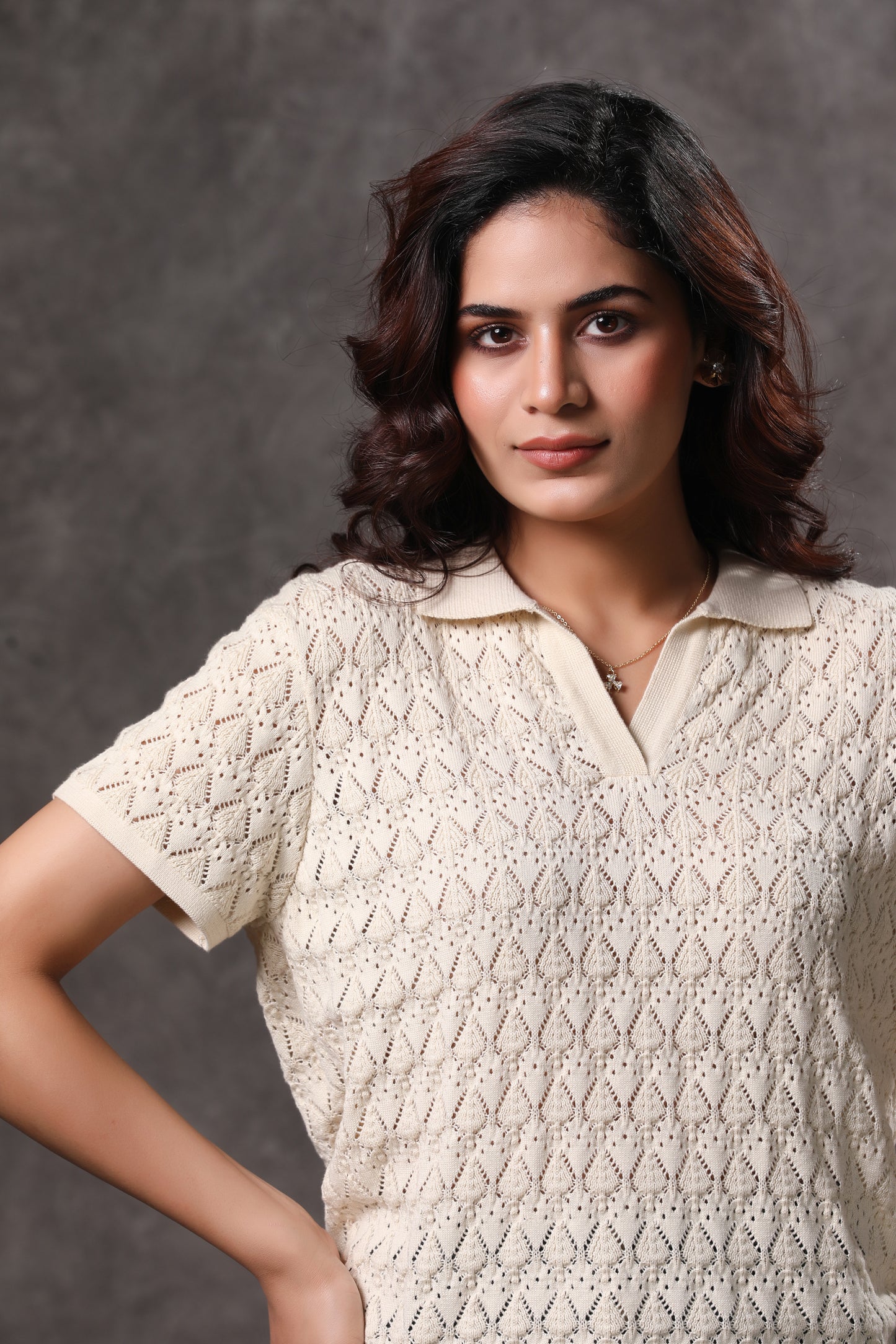 Women's Cream Johnny Collar Short Sleeve Top