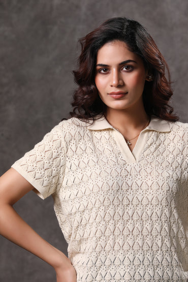 Women's Cream Johnny Collar Short Sleeve Top - 5