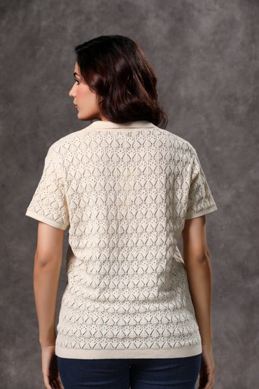 Women's Cream Johnny Collar Short Sleeve Top - 6