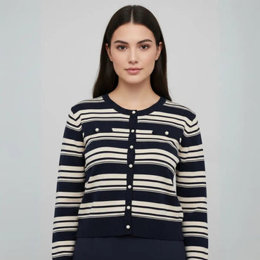 Women's Black/Gold Striped Button-Up Cardigan - 1