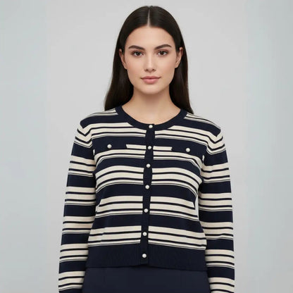 Women's Black/Gold Striped Button-Up Cardigan