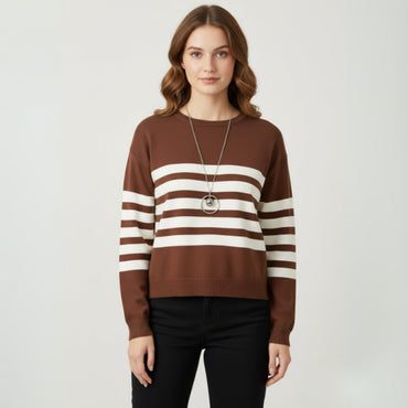 Women's Brown/White Stripped Sweater - 1