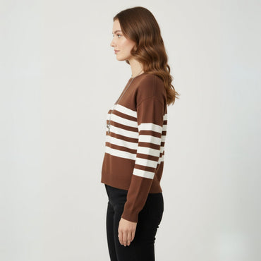 Women's Brown/White Stripped Sweater - 3
