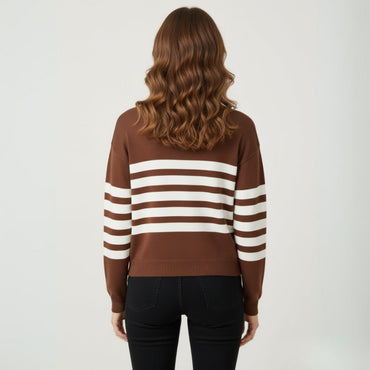 Women's Brown/White Stripped Sweater - 2