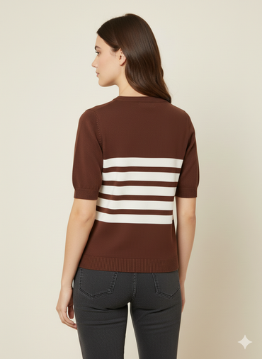 Women's Brown/White Striped Short Sleeve Top - 1