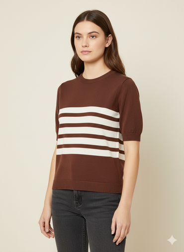 Women's Brown/White Striped Short Sleeve Top - 3