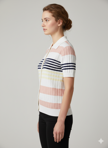 Striped Short Sleeve Knit Cardigan - 2